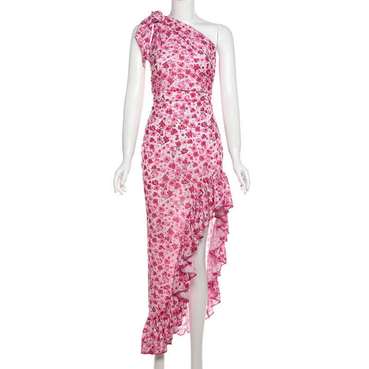 One shoulder knotted slit flower print ruffle maxi dress  | Festival Outfits Women