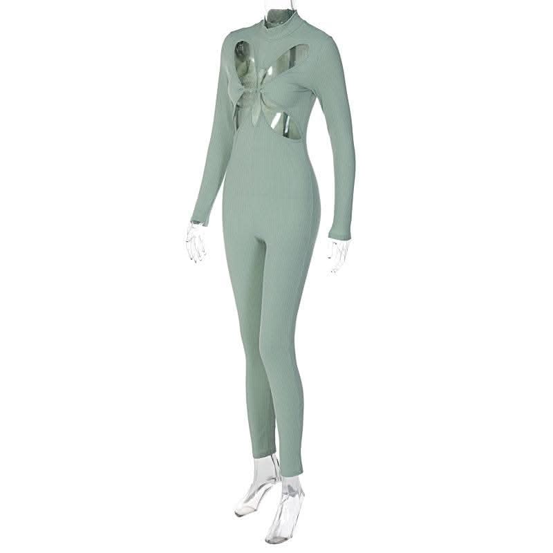 Hollow out long sleeve solid zip-up high neck jumpsuit - Final Sale-final-sale  | Festival Outfits Women
