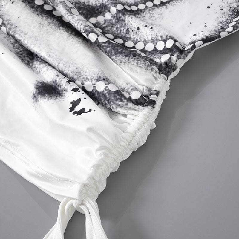 Drawstring long sleeve beaded print contrast backless top-final-sale  | Festival Outfits Women