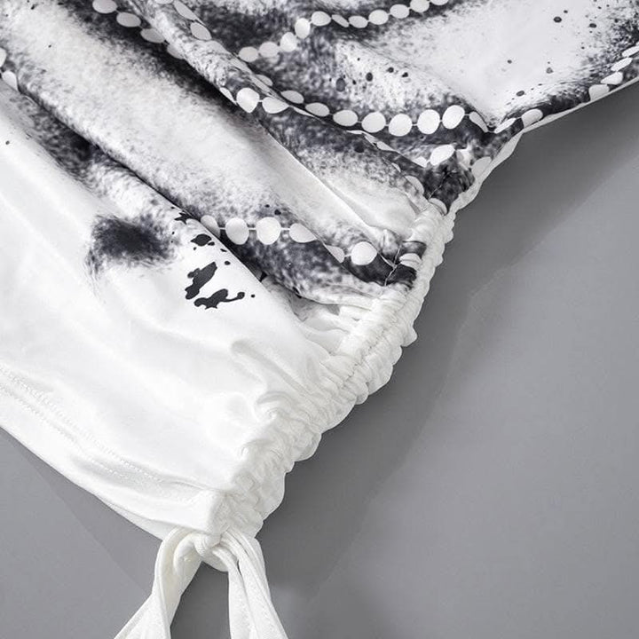 Drawstring long sleeve beaded print contrast backless top-final-sale  | Festival Outfits Women