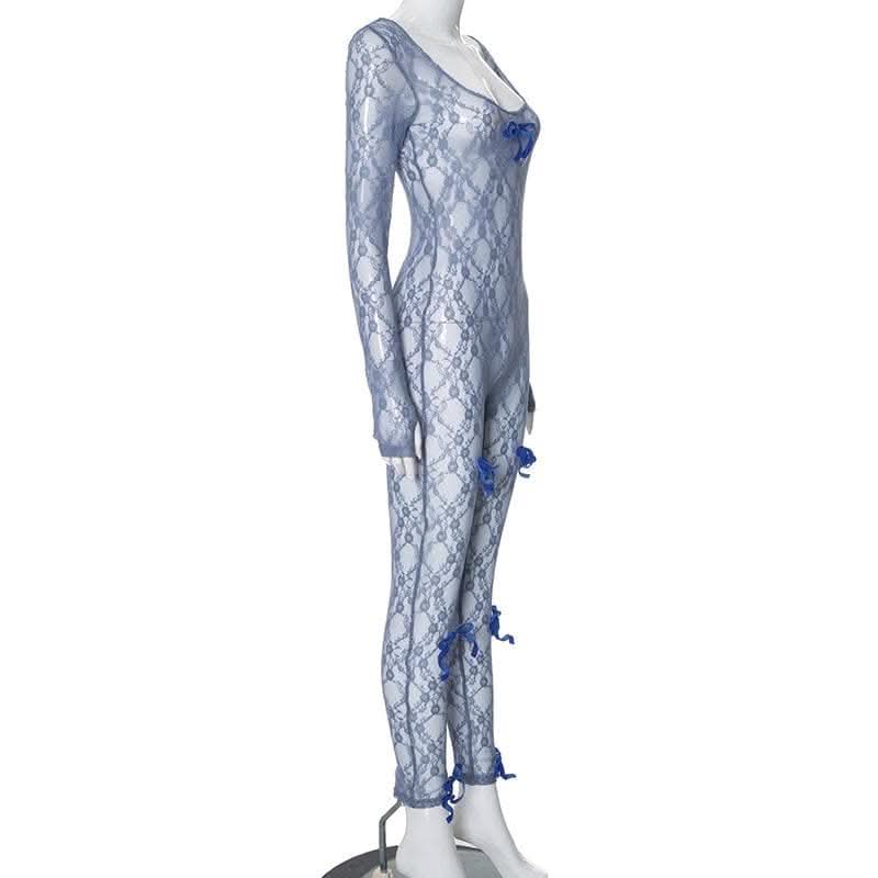Long sleeve see through bowknot lace jumpsuit-final-sale  | Festival Outfits Women