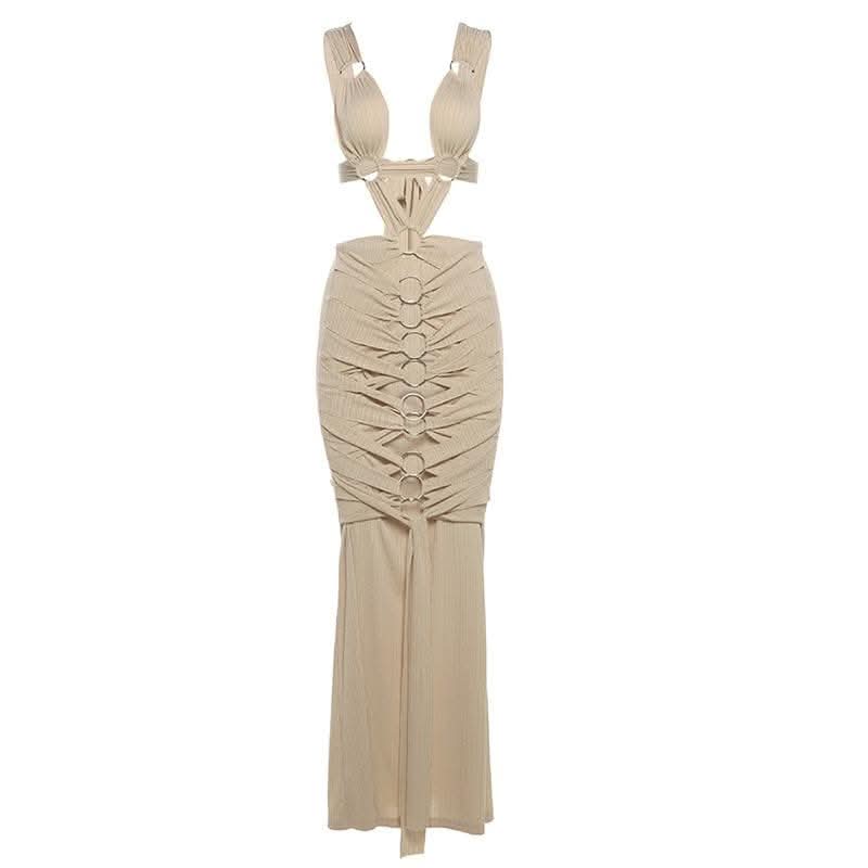 O ring textured hollow out self tie ruched tank cut out maxi dress-final-sale  | Festival Outfits Women