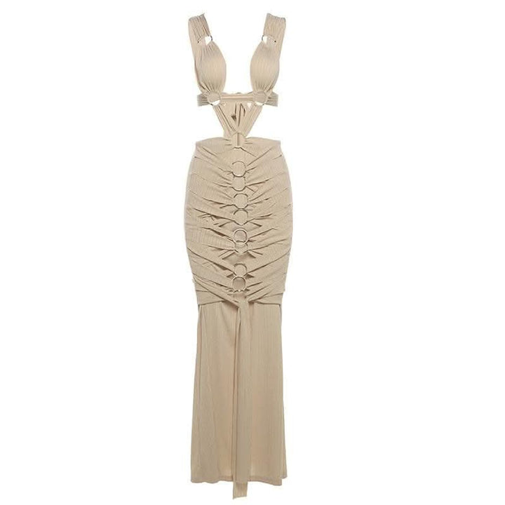 O ring textured hollow out self tie ruched tank cut out maxi dress-final-sale  | Festival Outfits Women