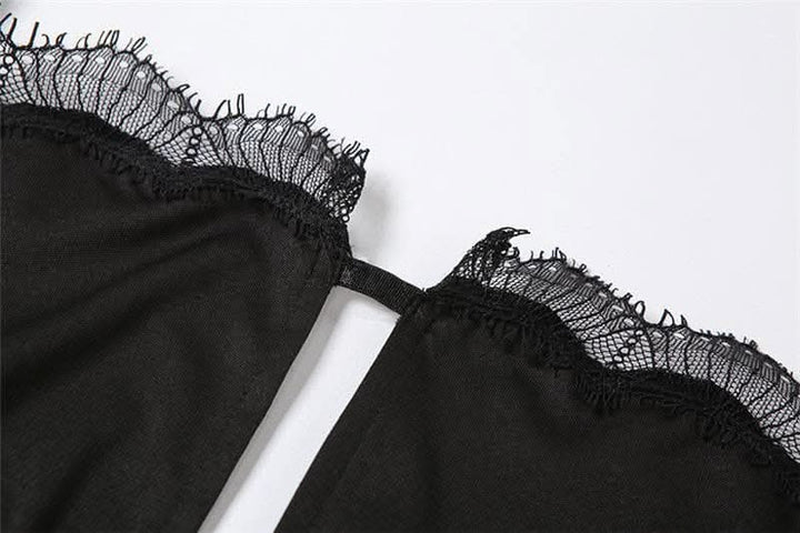 Lace hem solid hollow out backless slit cami cut out mini dress-final-sale