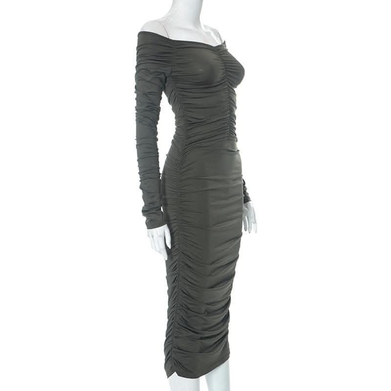 Off shoulder long sleeve ruched solid midi dress-final-sale  | Festival Outfits Women