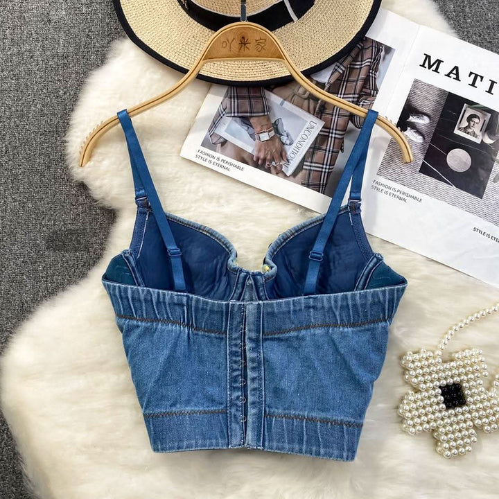 Beaded denim v neck backless cami top  | Festival Outfits Women