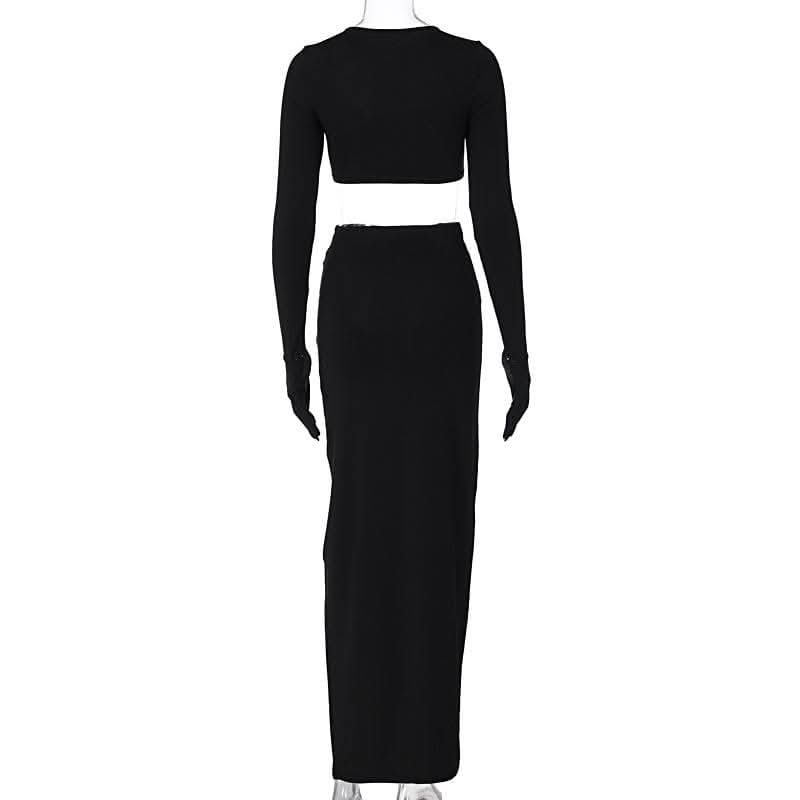 Long sleeve crewneck gloves hollow out solid maxi skirt set-final-sale  | Festival Outfits Women