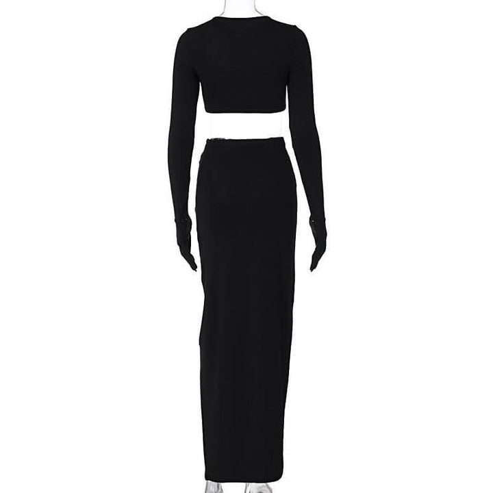 Long sleeve crewneck gloves hollow out solid maxi skirt set-final-sale  | Festival Outfits Women