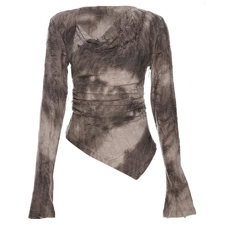 Cowl neck long flared sleeve tie dye ruched irregular top  | Festival Outfits Women