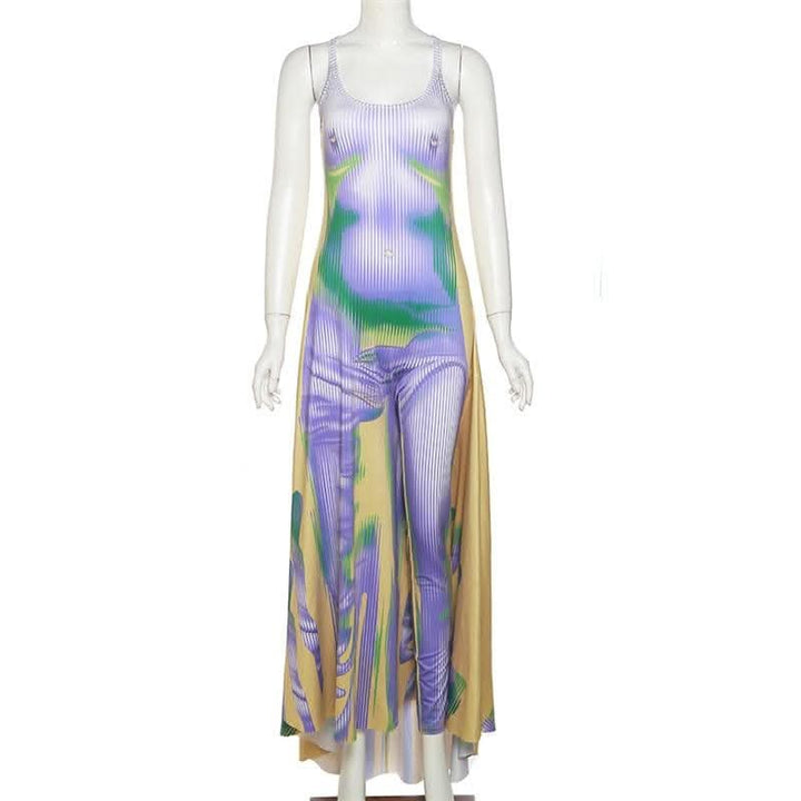 Body pattern u neck ruffle backless contrast cami maxi dress-final-sale  | Festival Outfits Women