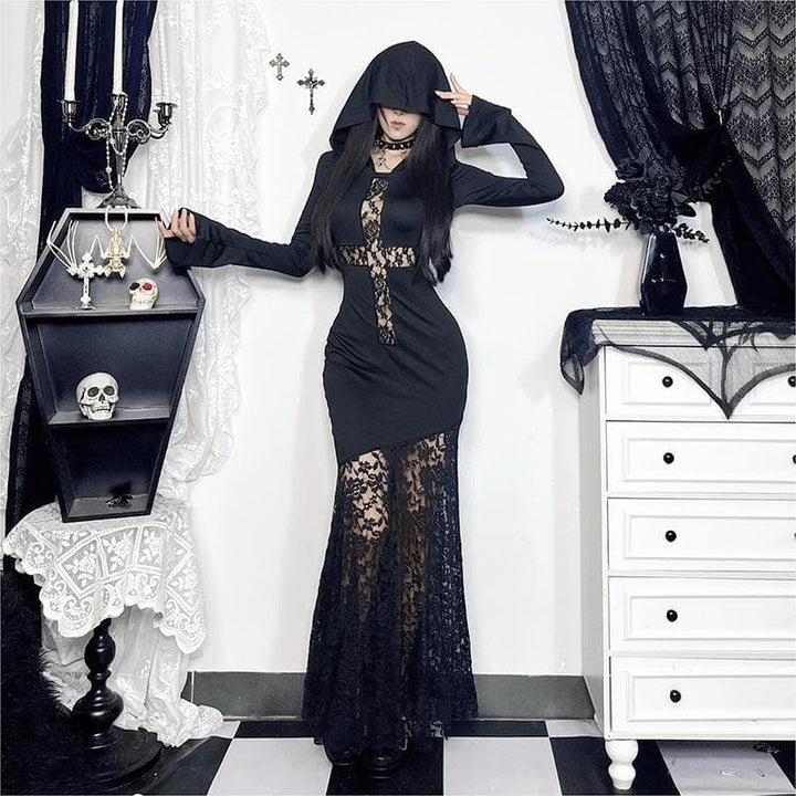 Long sleeve hoodie lace hem cross pattern maxi dress  | Festival Outfits Women