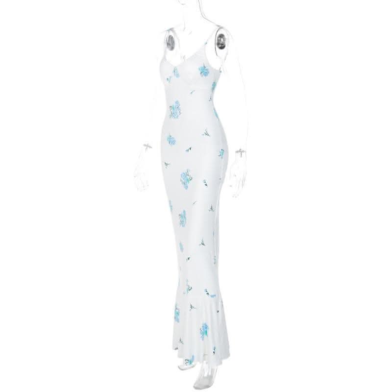 Flower print contrast v neck ruched cami maxi dress-final-sale