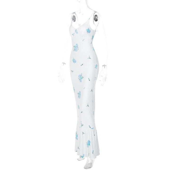 Flower print contrast v neck ruched cami maxi dress-final-sale