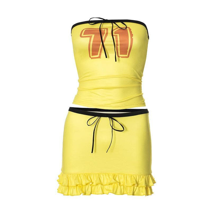 Halter knotted "71" print ruffle tube mini skirt set  | Festival Outfits Women-final-sale