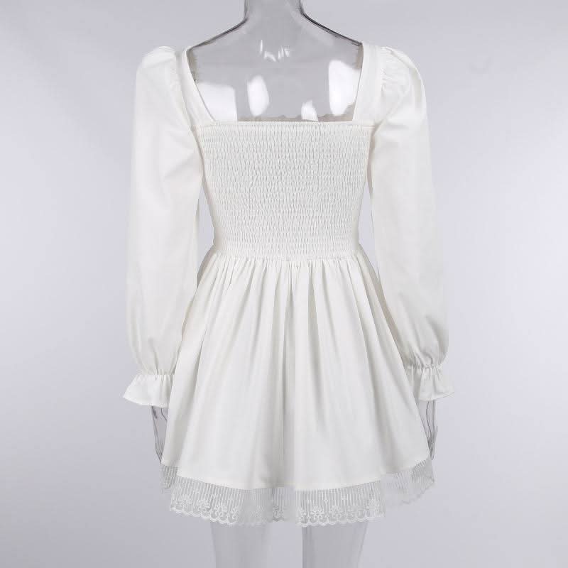 Long sleeve smocked lace up lace hem mini dress  | Festival Outfits Women