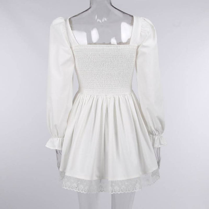 Long sleeve smocked lace up lace hem mini dress  | Festival Outfits Women