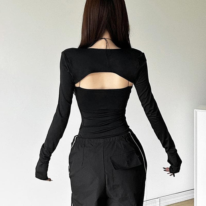 Long sleeve gloves o ring hollow out shrug 2 piece bodysuit  | Festival Outfits Women