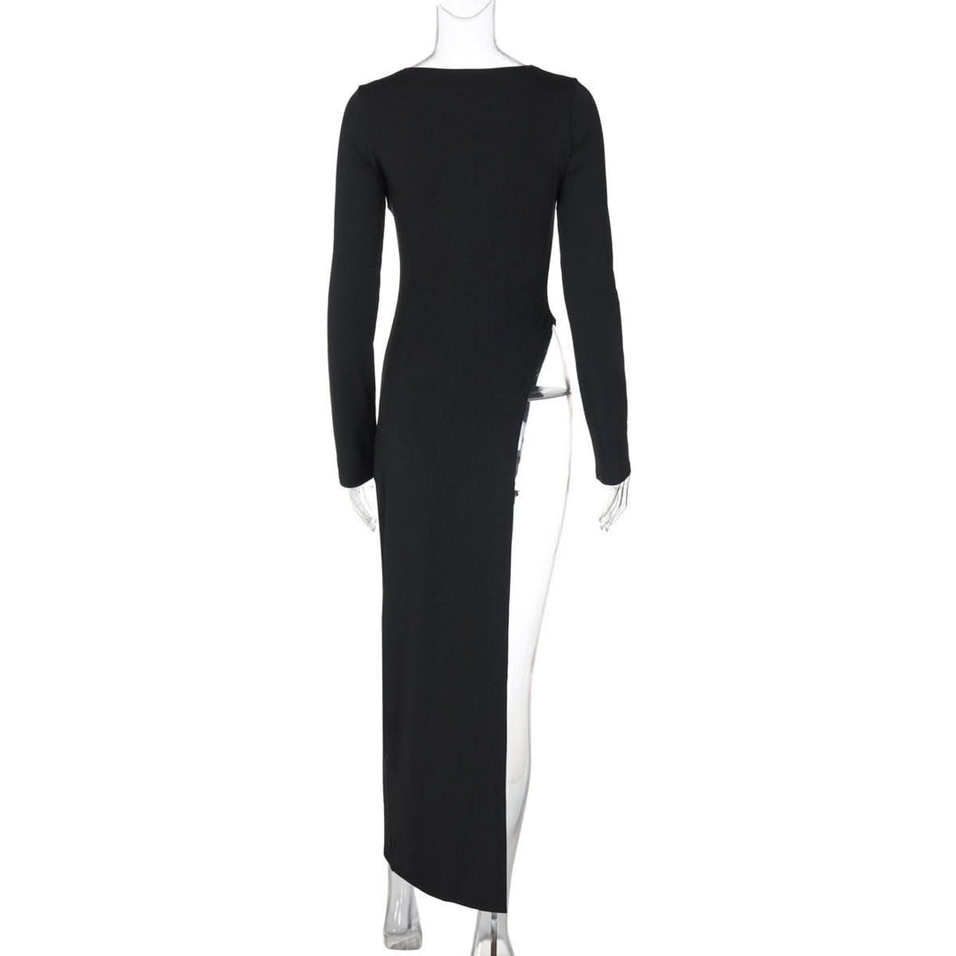 Long sleeve round neck slit solid maxi dress  | Festival Outfits Women