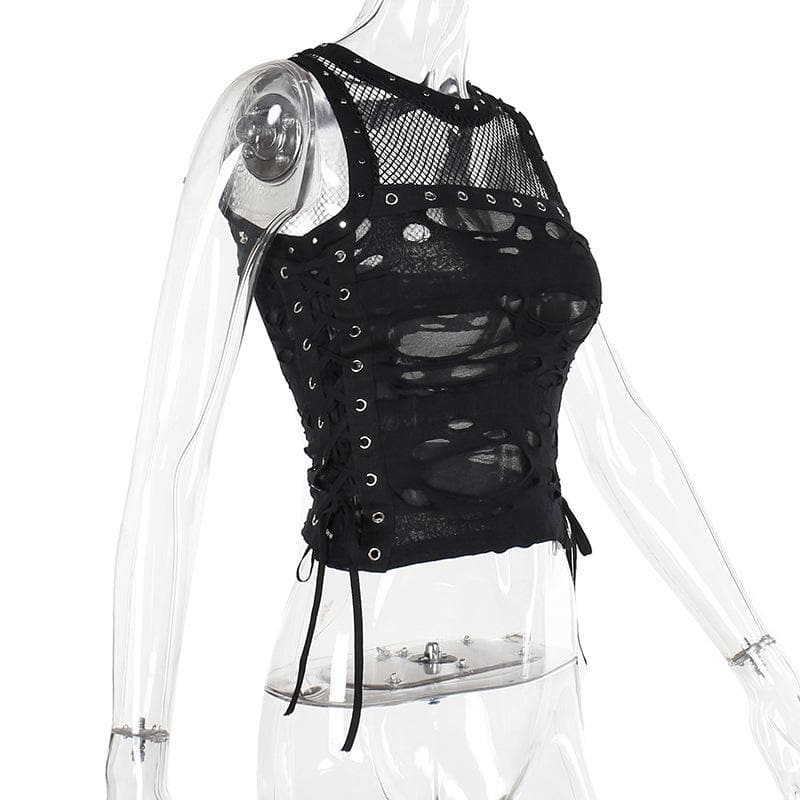 Crewneck fishnet buckle hollow out lace up tank cut out top  | Festival Outfits Women