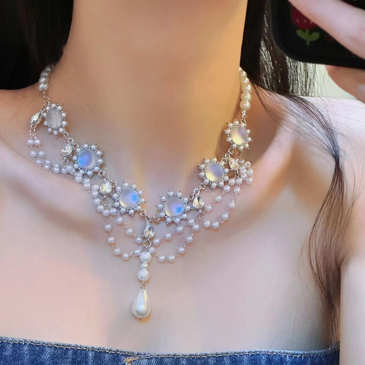 Faux pearl layered rhinestone choker necklace  | Festival Outfits Women