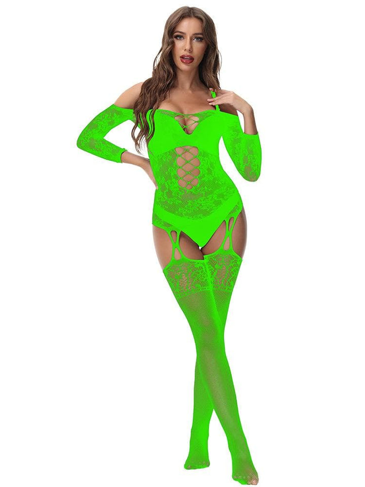 Long sleeve off shoulder lace fishnet strappy bodystocking  | Festival Outfits Women