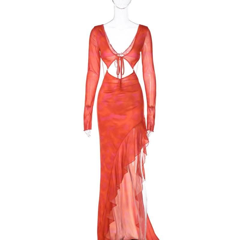 Long sleeve solid mesh slit v neck ruffle hollow out cut out maxi dress-final-sale  | Festival Outfits Women