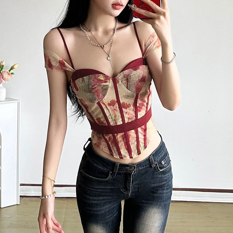 Sweetheart neck off shoulder bustier contrast cami top  | Festival Outfits Women
