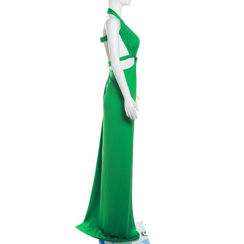 Halter irregular solid backless knotted ruched maxi dress-final-sale  | Festival Outfits Women