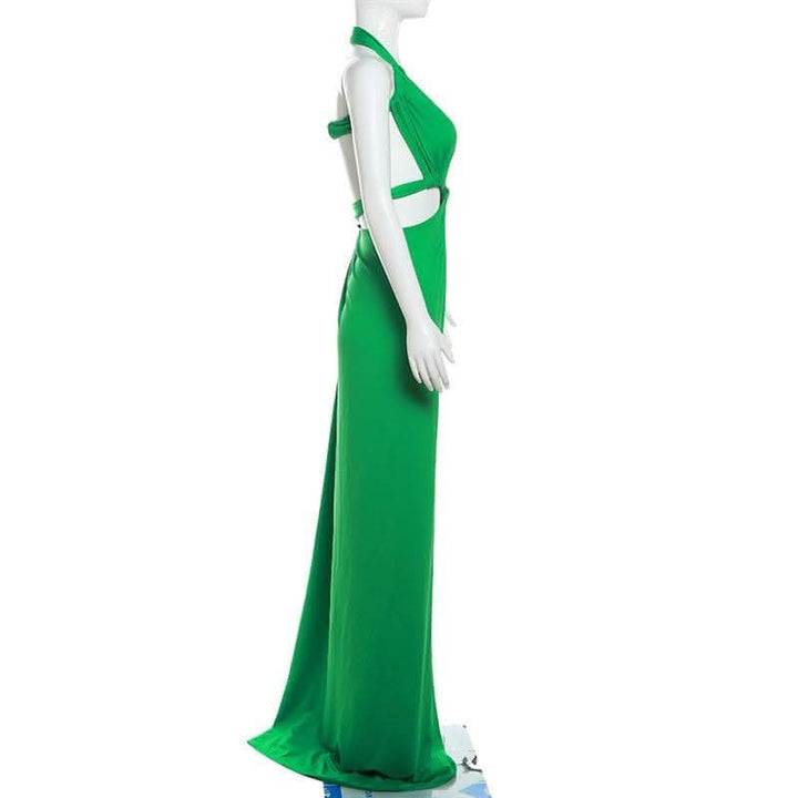 Halter irregular solid backless knotted ruched maxi dress-final-sale  | Festival Outfits Women