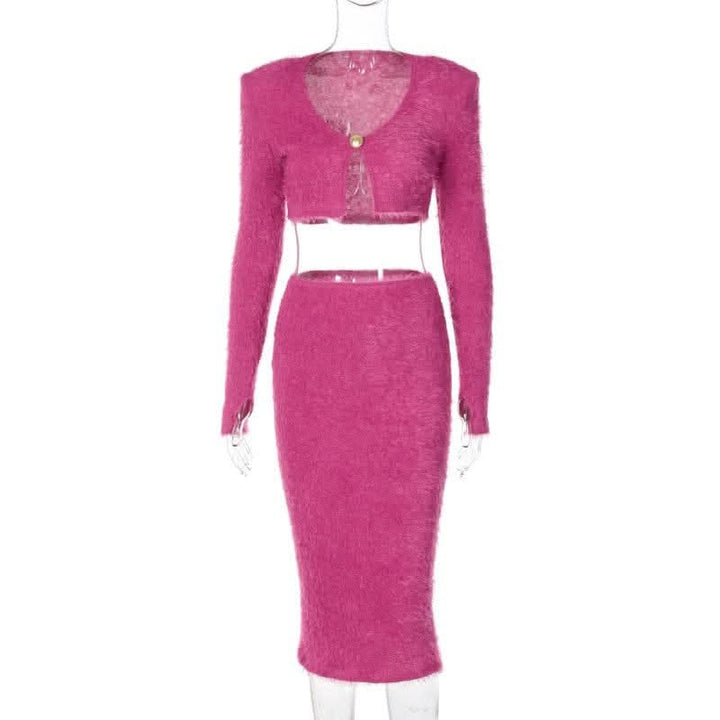 Textured button long sleeve gloves midi skirt set-final-sale  | Festival Outfits Women