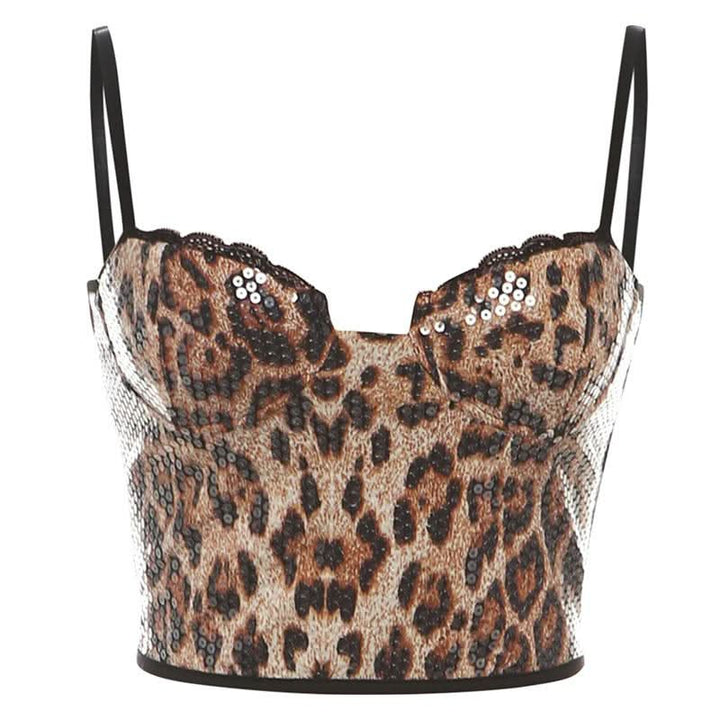 Leopard print lace hem glitter cami crop top  | Festival Outfits Women  | Cheetah Print Top