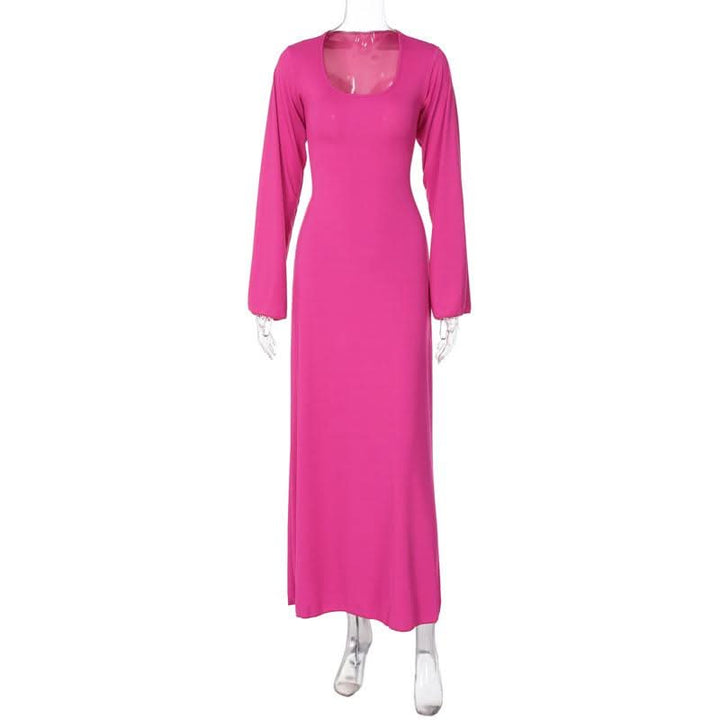 Long sleeve u neck ribbed solid maxi dress  | Festival Outfits Women