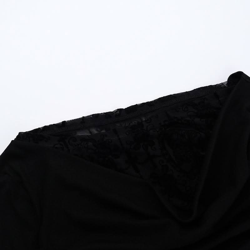 Off shoulder long flared sleeve mesh patchwork top  | Festival Outfits Women