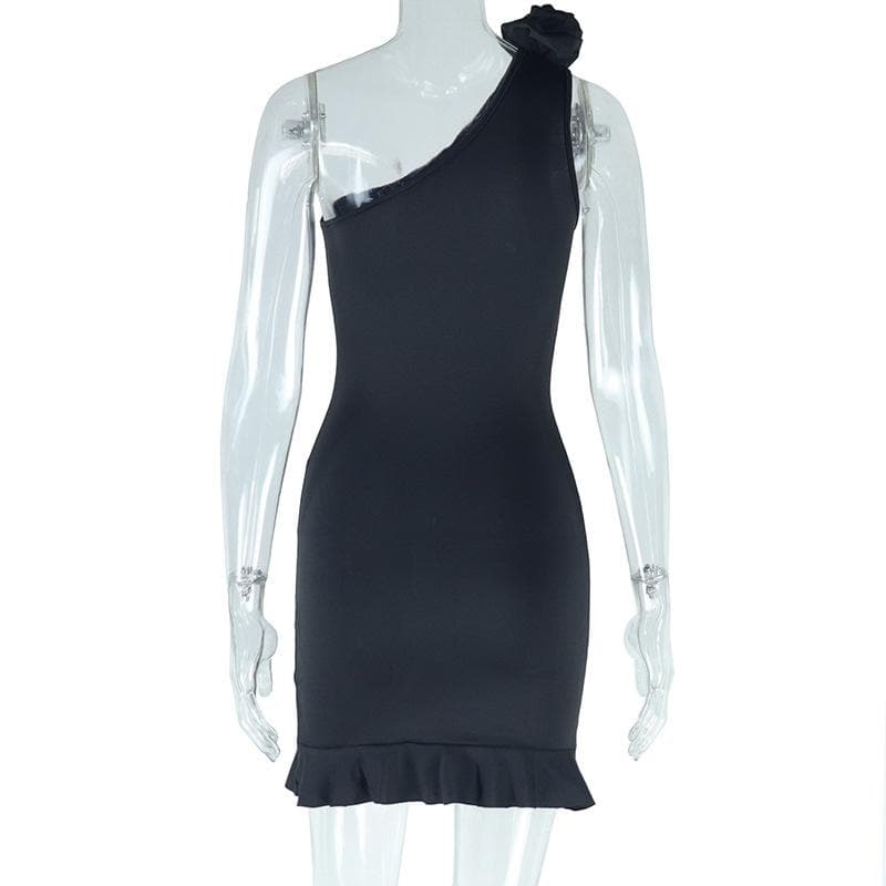 One shoulder irregular flower applique ruffle mini dress  | Festival Outfits Women