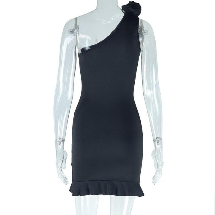 One shoulder irregular flower applique ruffle mini dress  | Festival Outfits Women