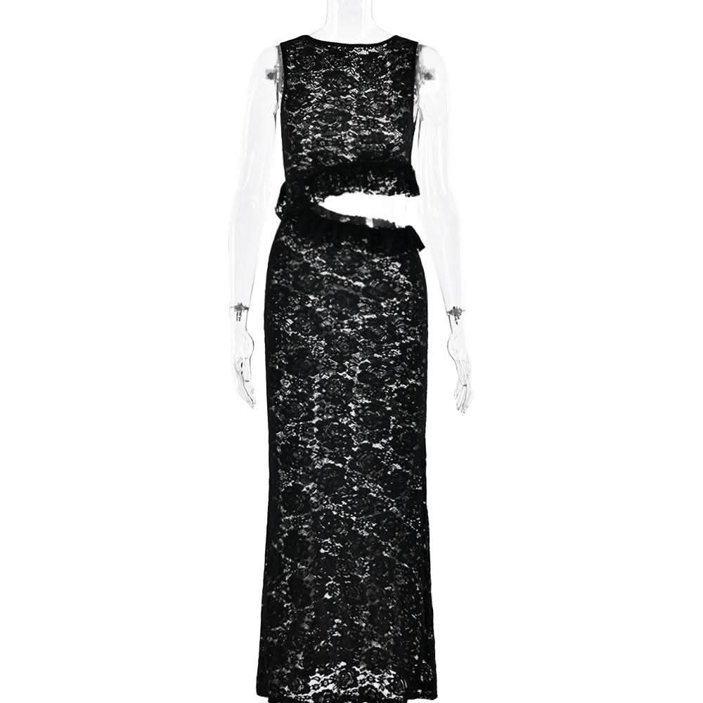 Crewneck hollow out lace ruched see through cut out maxi dress  | Festival Outfits Women