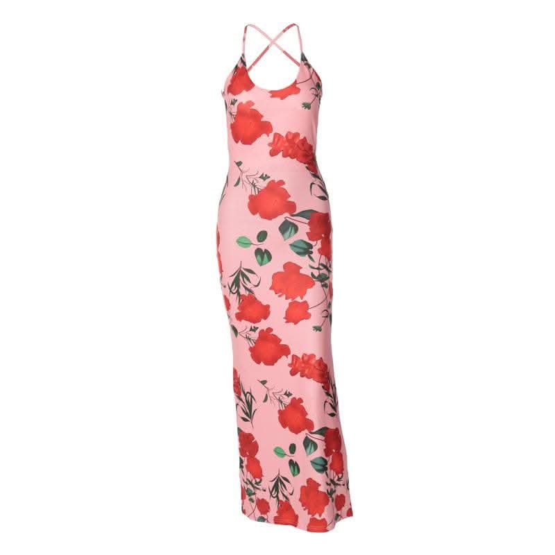 Flower print u neck cross back backless cami midi dress-final-sale  | Festival Outfits Women