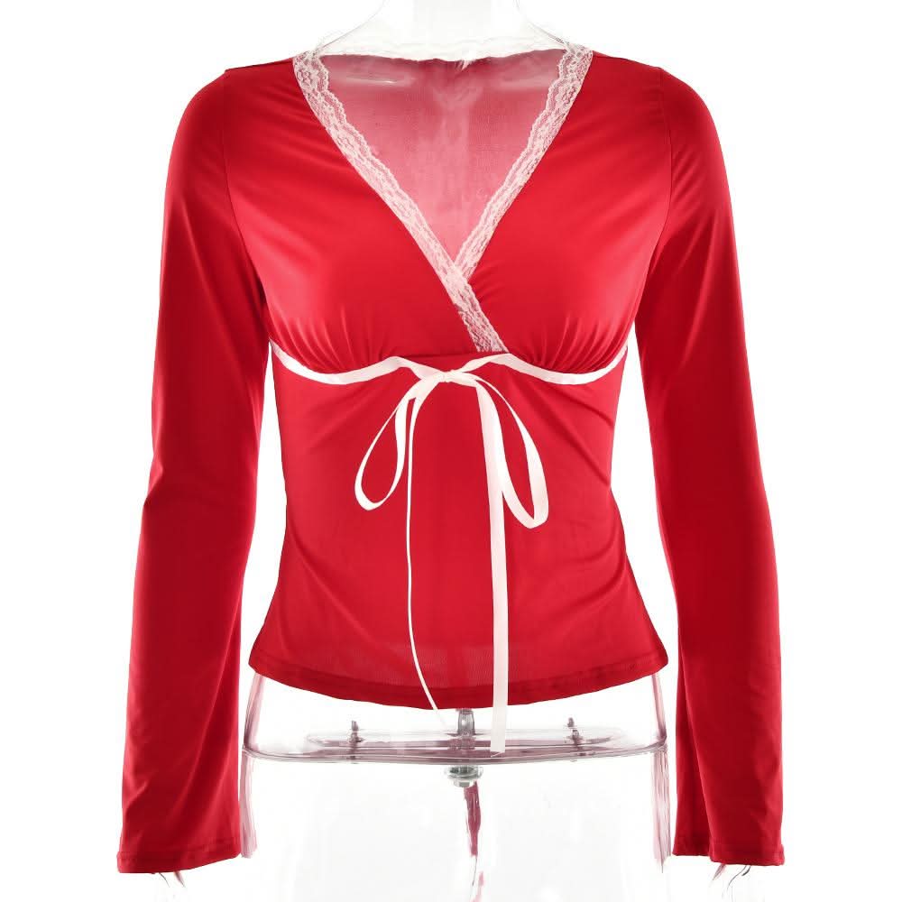 Lace hem long sleeve v neck ribbon ruched top  | Festival Outfits Women