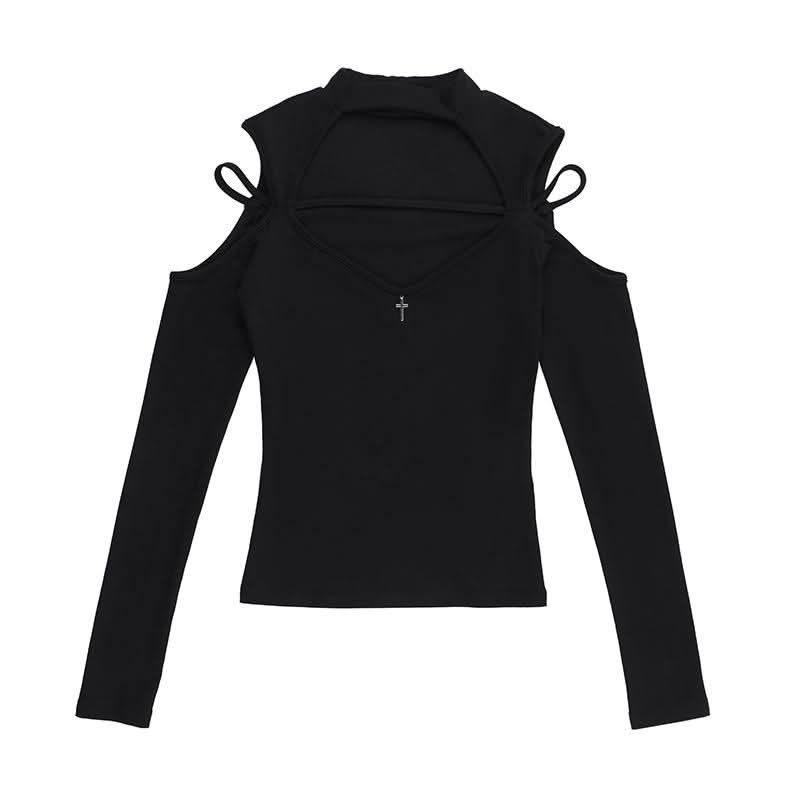 High neck long sleeve hollow out cross metal cut out top  | Festival Outfits Women