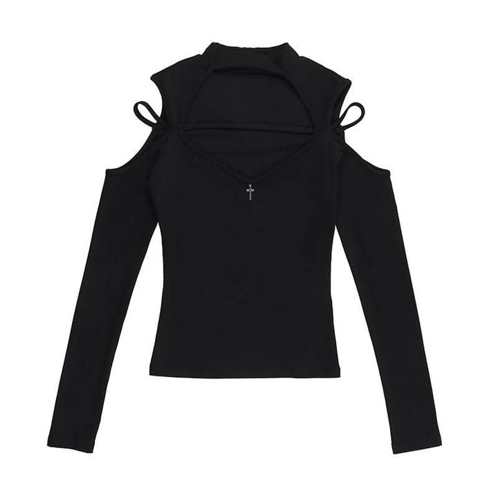 High neck long sleeve hollow out cross metal cut out top  | Festival Outfits Women
