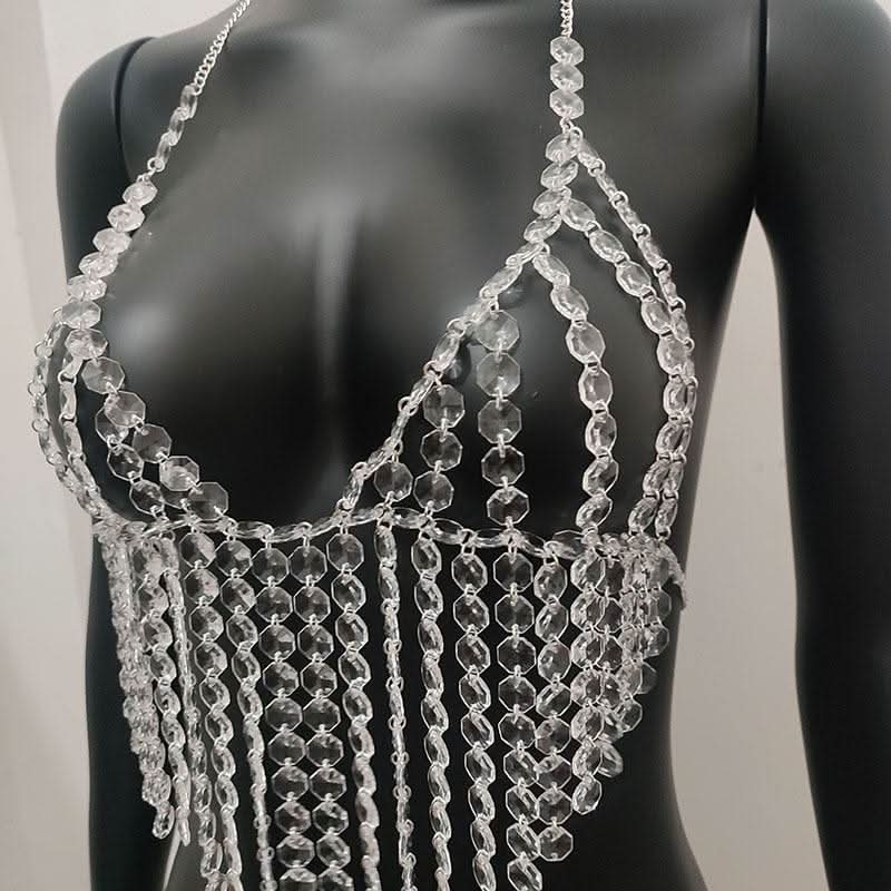 Halter crystal tassels beaded hollow out cut out top  | Festival Outfits Women