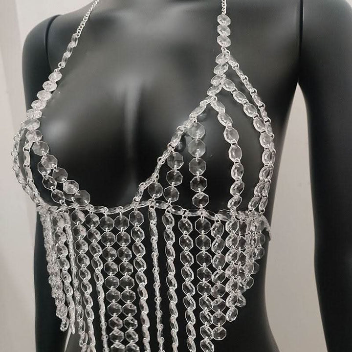 Halter crystal tassels beaded hollow out cut out top  | Festival Outfits Women