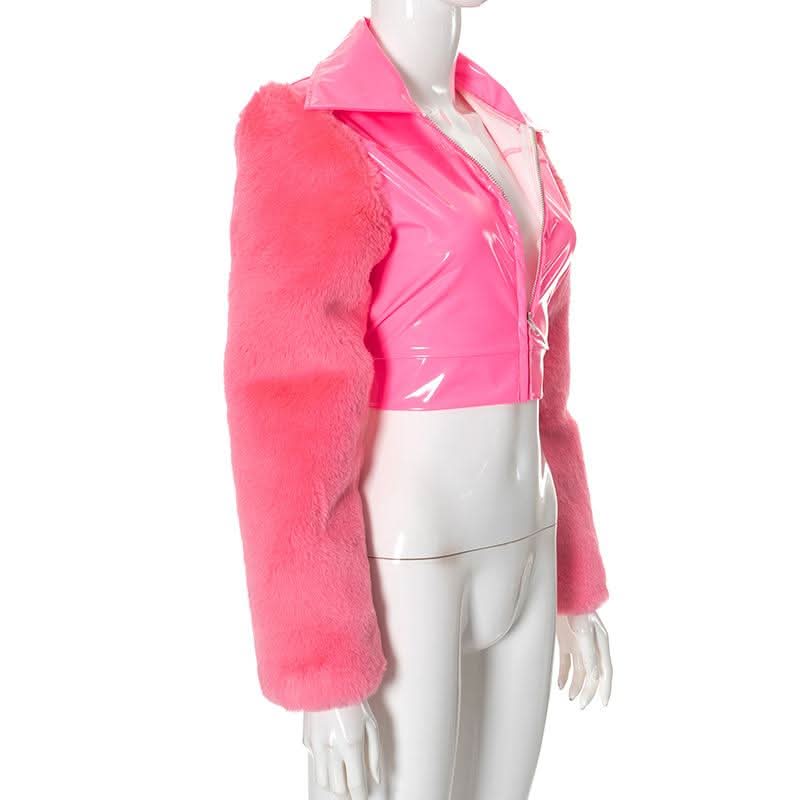 Zip-up long sleeve fluffy turnover collar crop top  | Festival Outfits Women