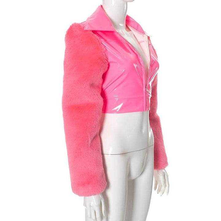 Zip-up long sleeve fluffy turnover collar crop top  | Festival Outfits Women