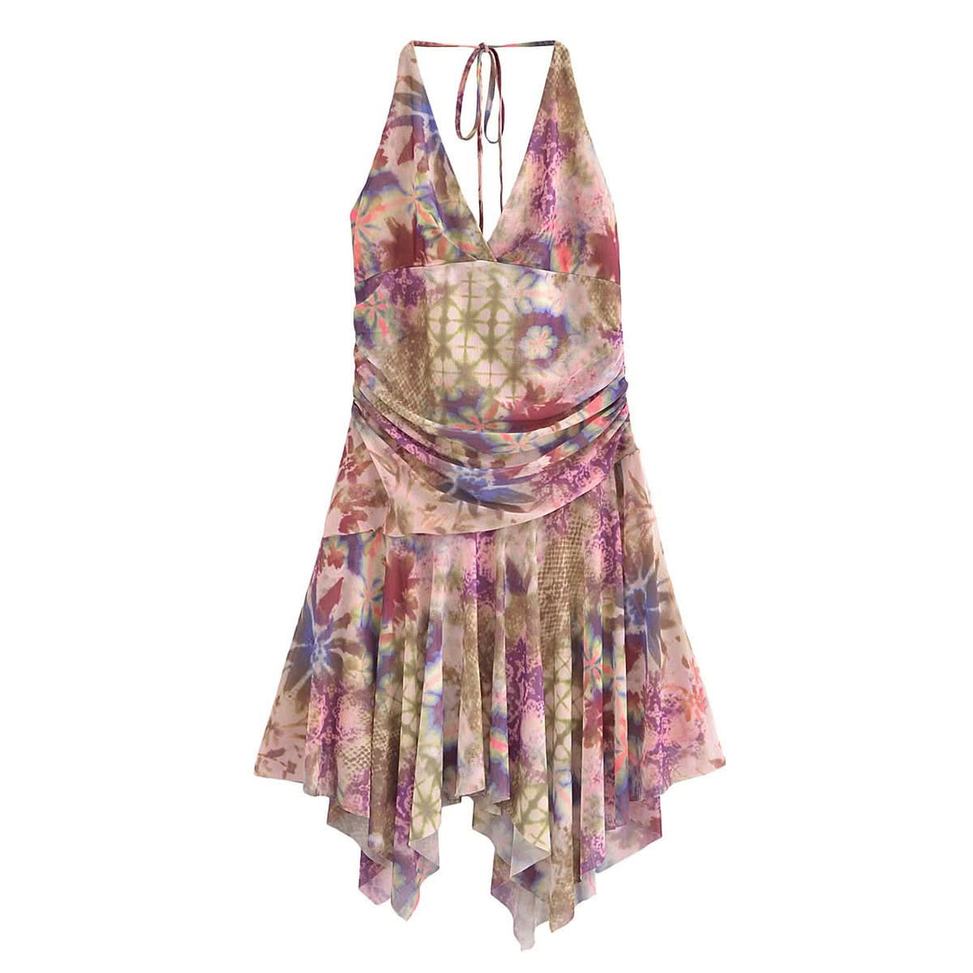 Halter self tie ruched print mesh v neck mini dress  | Festival Outfits Women