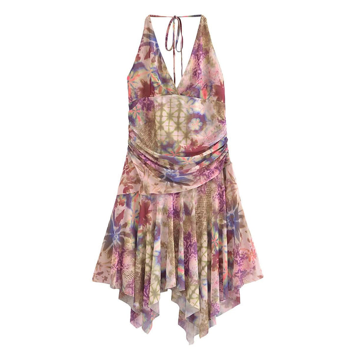 Halter self tie ruched print mesh v neck mini dress  | Festival Outfits Women
