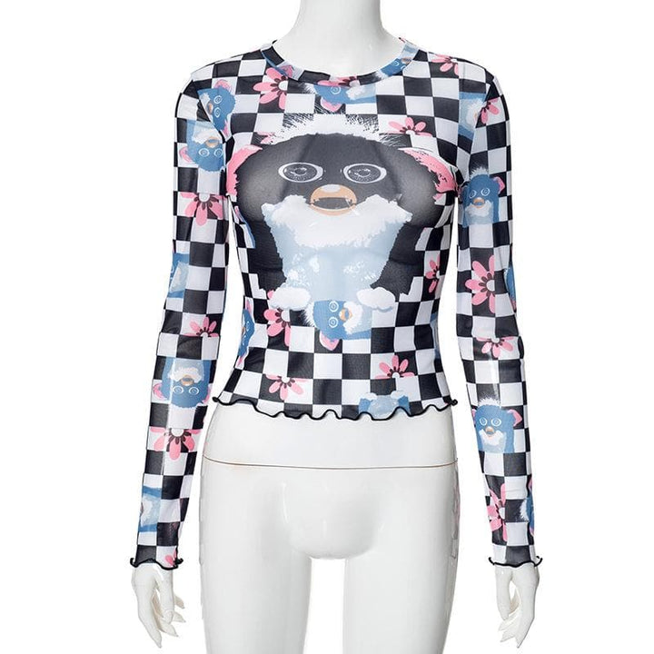 Long sleeve plaid print sheer mesh top  | Festival Outfits Women