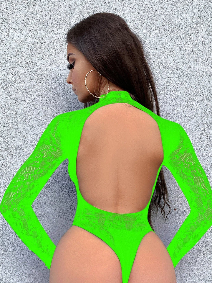 Long sleeve high neck backless lace fishnet bodysuit  | Festival Outfits Women