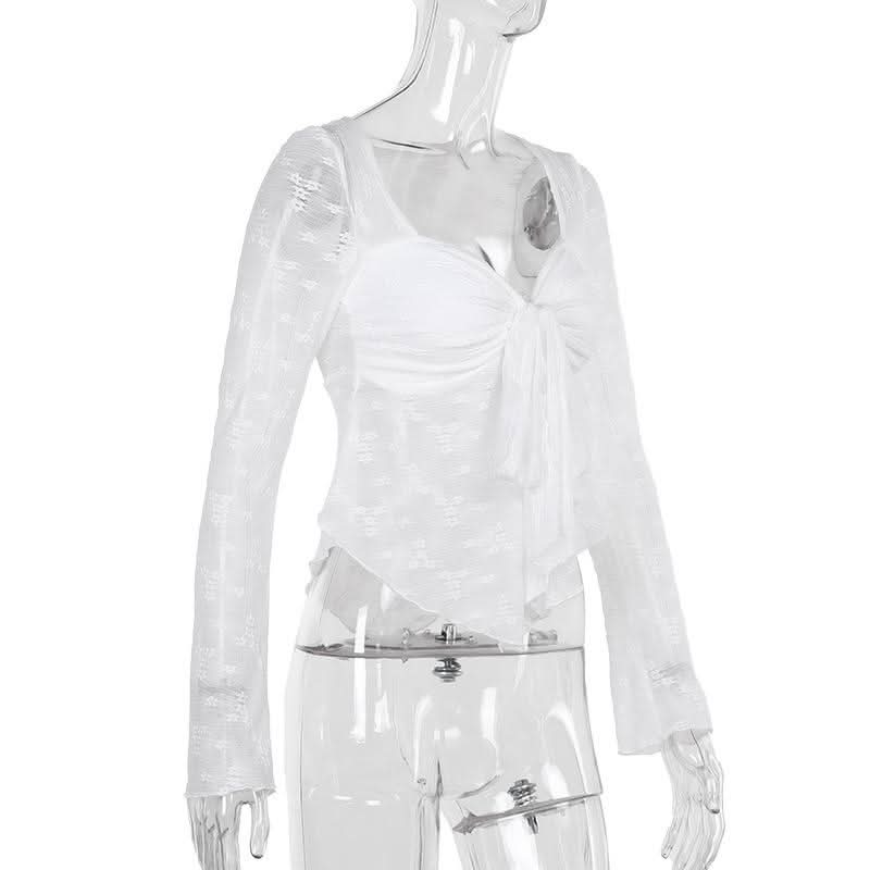 Long sleeve knotted flower pattern top  | Festival Outfits Women-final-sale