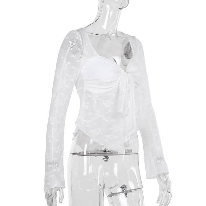 Long sleeve knotted flower pattern top  | Festival Outfits Women-final-sale